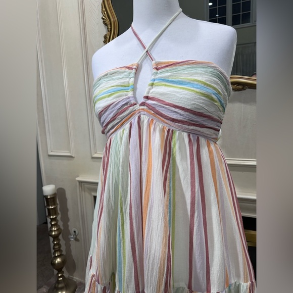 American Eagle Striped Ruched Halter Midi Dress | M | Cotton Lined Tiered - Picture 2 of 16